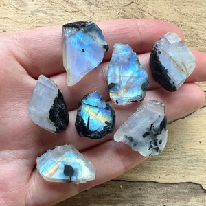 May include: A collection of seven iridescent rainbow moonstone rough crystals with black inclusions. The crystals are various shapes and sizes and have a white, translucent appearance.