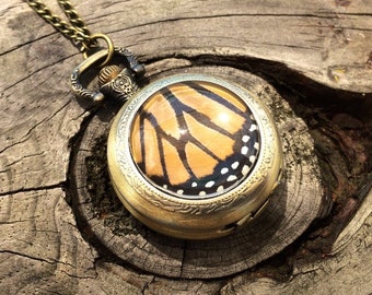 Real taxidermy Monarch Butterfly necklace Working pocket watch necklace Peaky Blinders jewelry Westworld costume Terrarium jewelry