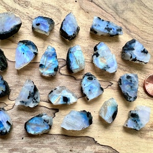 May include: A collection of 20 iridescent rainbow moonstone rough stones with black inclusions. The stones are various shapes and sizes and are arranged on a wooden surface. A penny is included for scale.
