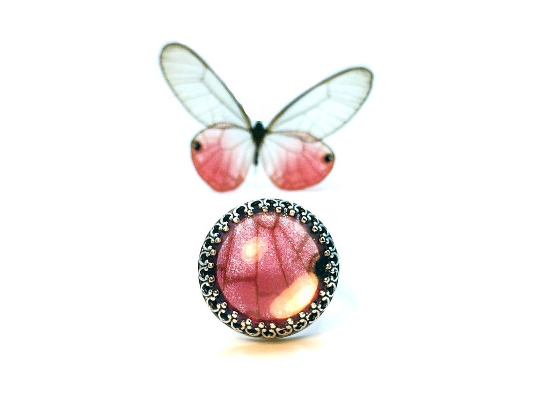 Pink Flying Rings Real Butterfly Wing Ring Rose Pink Ring Sterling Silver Pink Stone Ring ...