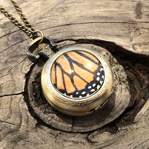 Real butterfly necklace Glass locket necklace Steampunk pocket watch necklace Fantasy jewelry Steampunk jewelry Working pocketwatch necklace