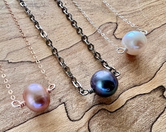 Collar de una sola perla, Collar de perlas de agua dulce, Collar de perlas negras, Regalos de Géminis, Collar de perlas para mujeres y hombres, Collar de perlas reales