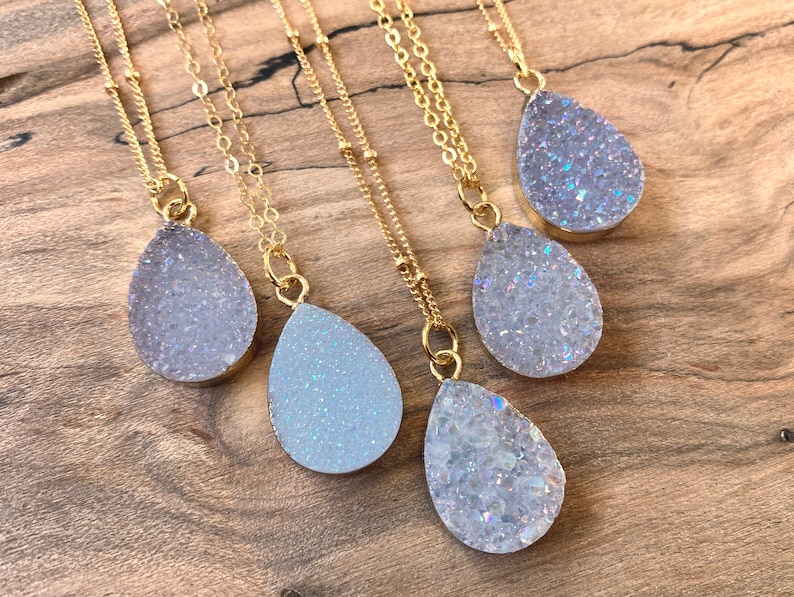 Raw druzy necklaces for women white druzy pendant necklace Angel aura quartz necklace dainty druzy jewelry Small geode necklace for women image 7