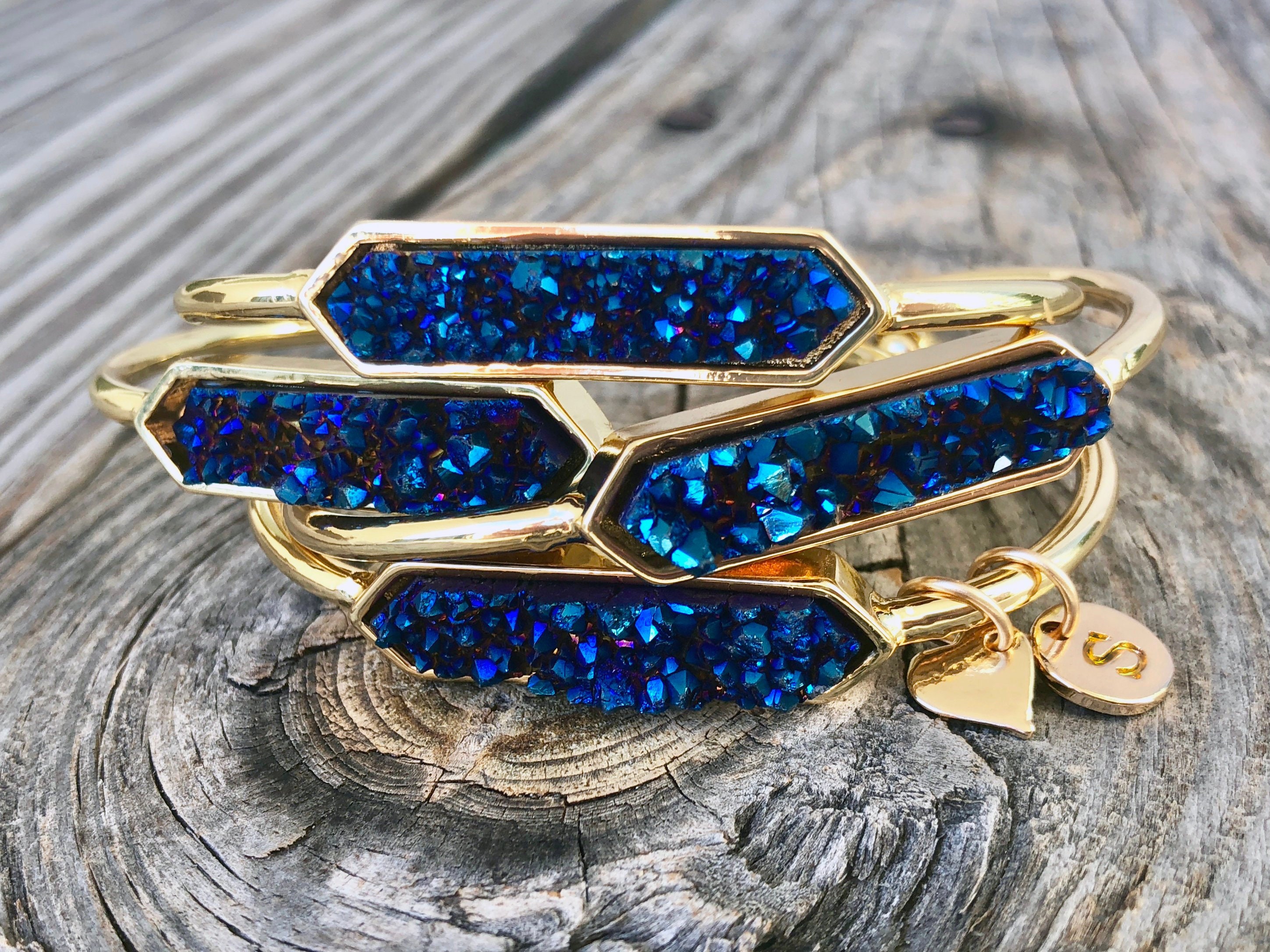 Gold Blue/Black Titanium Druzy & 10mm Tiger's Eye Beads Stretch Bracelet,  Handmade Boho Jewelry AL677