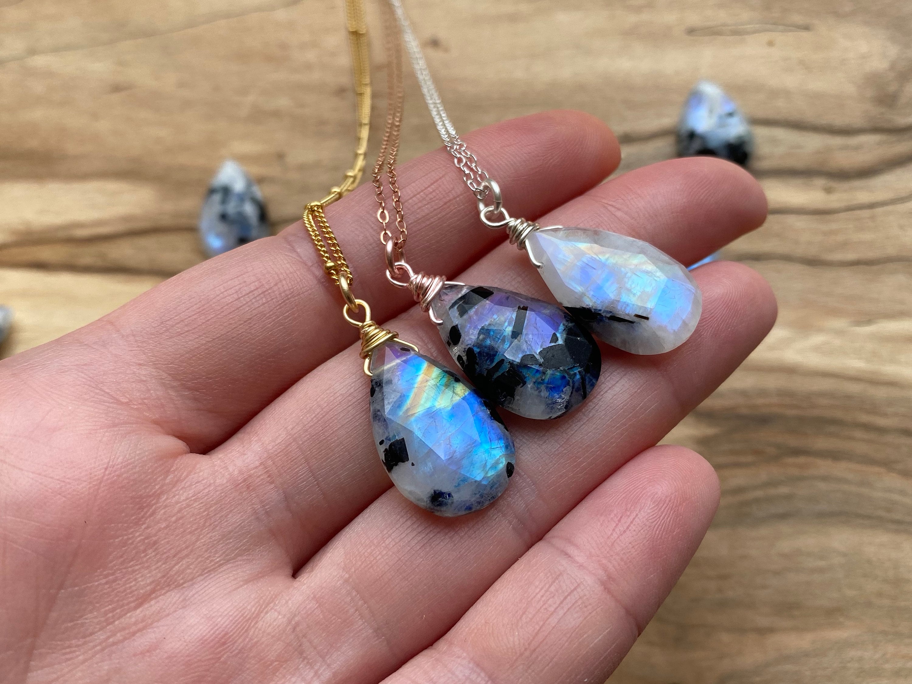 Rainbow Moonstone Necklace Black Tourmaline Necklace for Women