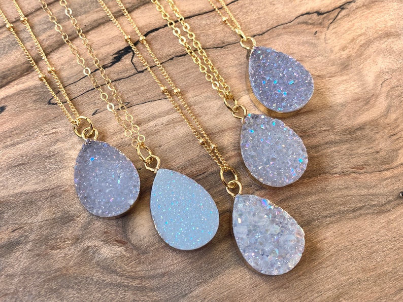 Raw druzy necklaces for women white druzy pendant necklace Angel aura quartz necklace dainty druzy jewelry Small geode necklace for women image 3