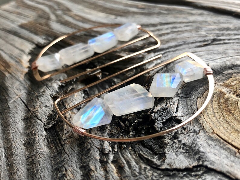 Rainbow moonstone Rose gold hoop earrings for women Raw stone earrings hoop earrings with stones Moon stone earrings Half circle earrings