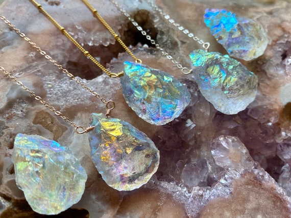 Raw Angel Aura Quartz Necklace Rainbow Quartz Necklace Raw Crystal