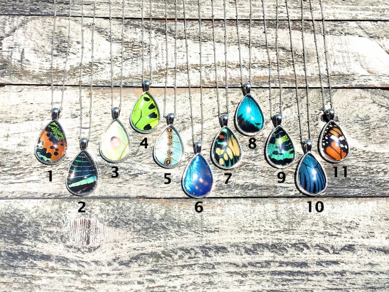 Peut inclure: Onze pendentifs en forme de goutte d'eau contenant des ailes de papillon. Chaque pendentif est sur une cha&icirc;ne argent&eacute;e et num&eacute;rot&eacute; de 1 &agrave; 11.