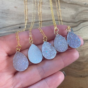 Raw druzy necklaces for women white druzy pendant necklace Angel aura quartz necklace dainty druzy jewelry Small geode necklace for women image 5