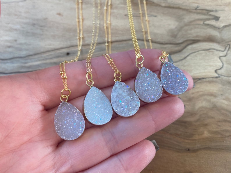 Raw druzy necklaces for women white druzy pendant necklace Angel aura quartz necklace dainty druzy jewelry Small geode necklace for women image 5