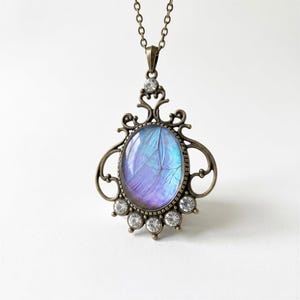 A necklace with a pendant featuring a blue butterfly wing encircled by an ornate, decorative metal frame.