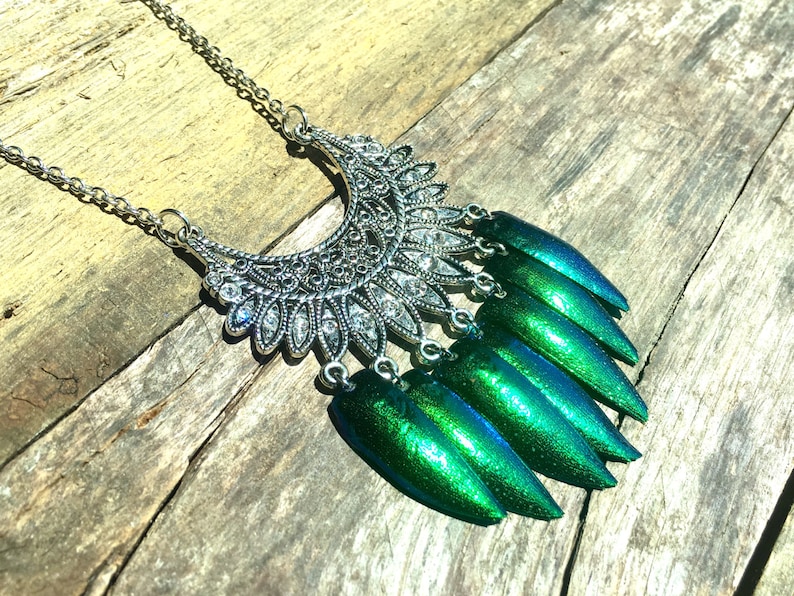 Khaleesi costume jewelry REAL green jewel beetle wings pendant Daenerys jewelry Green Elytra necklace silver scarab jewelry stag beetle
