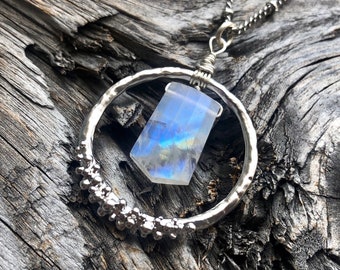 Raw moonstone necklace silver Rainbow moonstone jewelry for women Natural moonstone pendant Moon stone necklace Large moonstone necklace