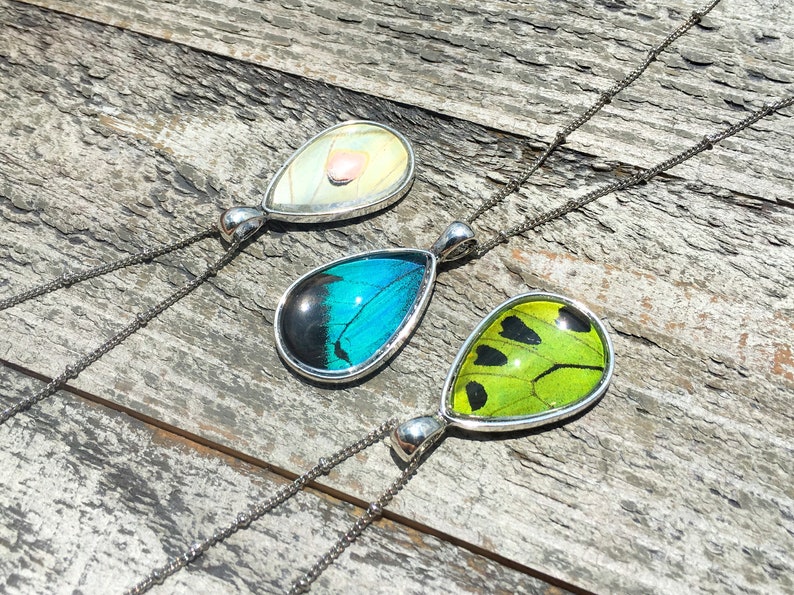 Peut inclure: Trois colliers en argent avec des pendentifs en forme de larme orn&eacute;s d'ailes de papillon conserv&eacute;es. Les pendentifs sont bleus, verts et blancs.