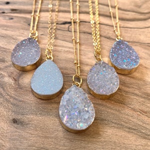 Raw druzy necklaces for women white druzy pendant necklace Angel aura quartz necklace dainty druzy jewelry Small geode necklace for women image 2