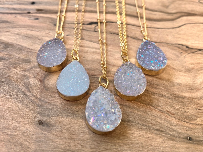 Raw druzy necklaces for women white druzy pendant necklace Angel aura quartz necklace dainty druzy jewelry Small geode necklace for women image 2