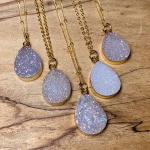 Raw druzy necklaces for women white druzy pendant necklace Angel aura quartz necklace dainty druzy jewelry Small geode necklace for women image 8