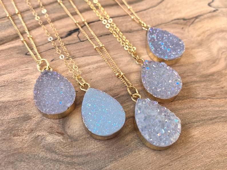 Raw druzy necklaces for women white druzy pendant necklace Angel aura quartz necklace dainty druzy jewelry Small geode necklace for women image 1