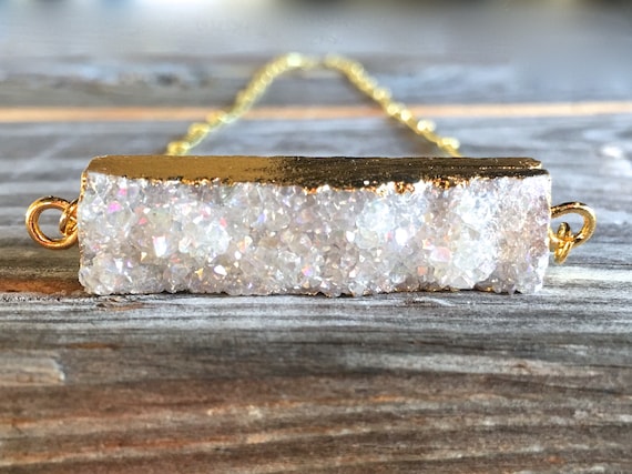 Raw Druzy bar necklace gold Angel aura crystal necklace Crystal rectangle necklace Short gold bar pendant necklace Gold rectangle necklace