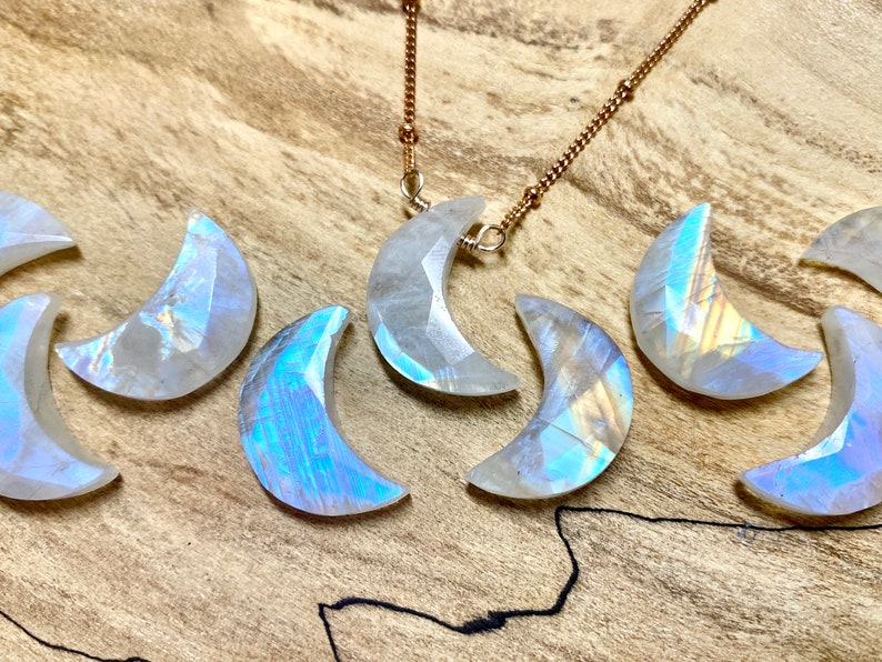 Rainbow moonstone necklace Real moonstone moon necklace Crystal moon necklace for women Raw moonstone necklace Raw gemstone moon necklace image 2