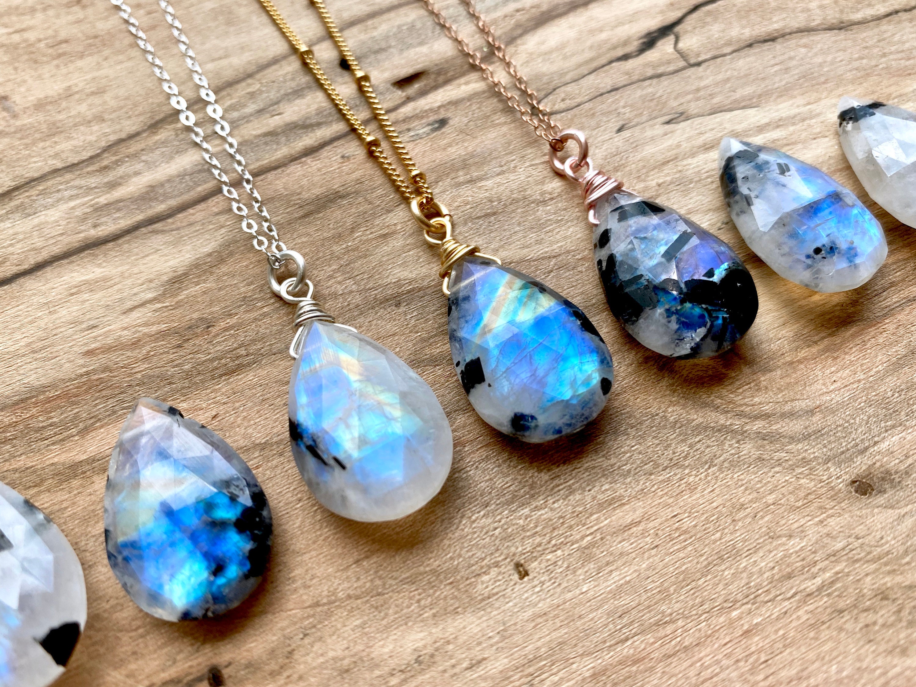 Genuine Teardrop Rainbow Moonstone Necklace with Sterling Silver Chain 16+1 Extender,NM1 