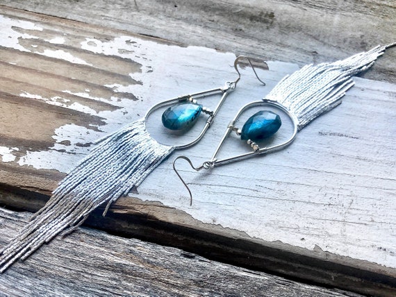 Labradorite Chandelier Earrings Sterling Silver Wire Wrap Teardrops