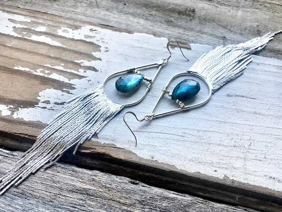 Labradorite Chandelier Earrings Sterling Silver Wire Wrap Teardrops