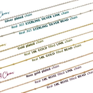 May include: A close-up of different types of chains, including silver plated, real .925 sterling silver, gold plated, real 14k gold filled, and rose gold plated. The chains are arranged in rows, with the type of chain labeled above each row.