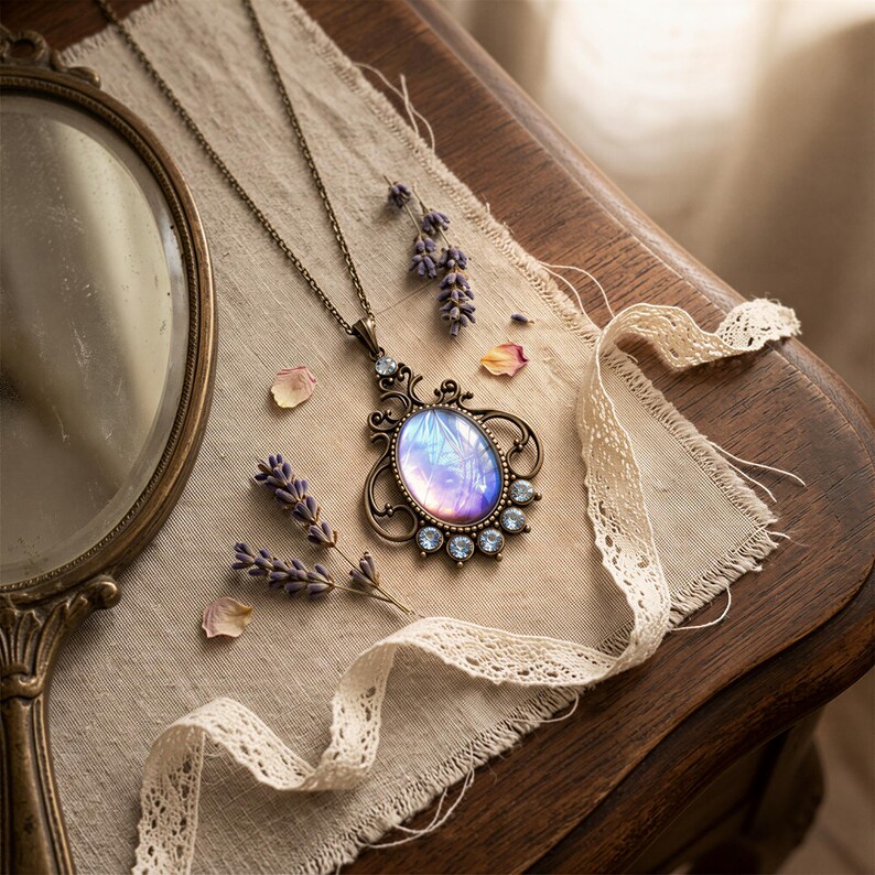 a necklace with a pendant, a mirror, and some flowers on a wooden surface.