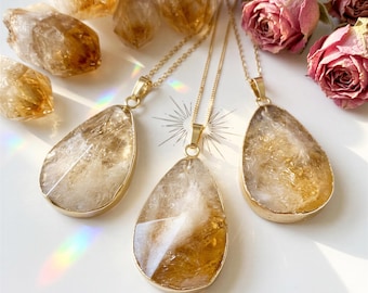Raw citrine necklace for women Large citrine pendant necklace Real citrine jewelry Gold citrine pendulum Yellow crystal necklace