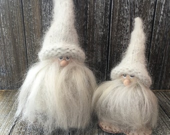 Personalized housewarming gift , Scandinavian gnome, Protector of home and farm, knitted hats , alpaca yarn , set of two  .