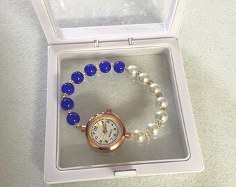 Orologio da polso fatto a mano con cinturino elegante per regalo da donna, bianco e blu