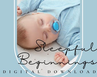 Può includere: Un bambino dorme pacificamente su un lenzuolo bianco con un ciuccio blu in bocca. L'immagine è incorniciata da un bordo blu e bianco e il testo "Sleepful Beginnings DIGITAL DOWNLOAD" è in basso.