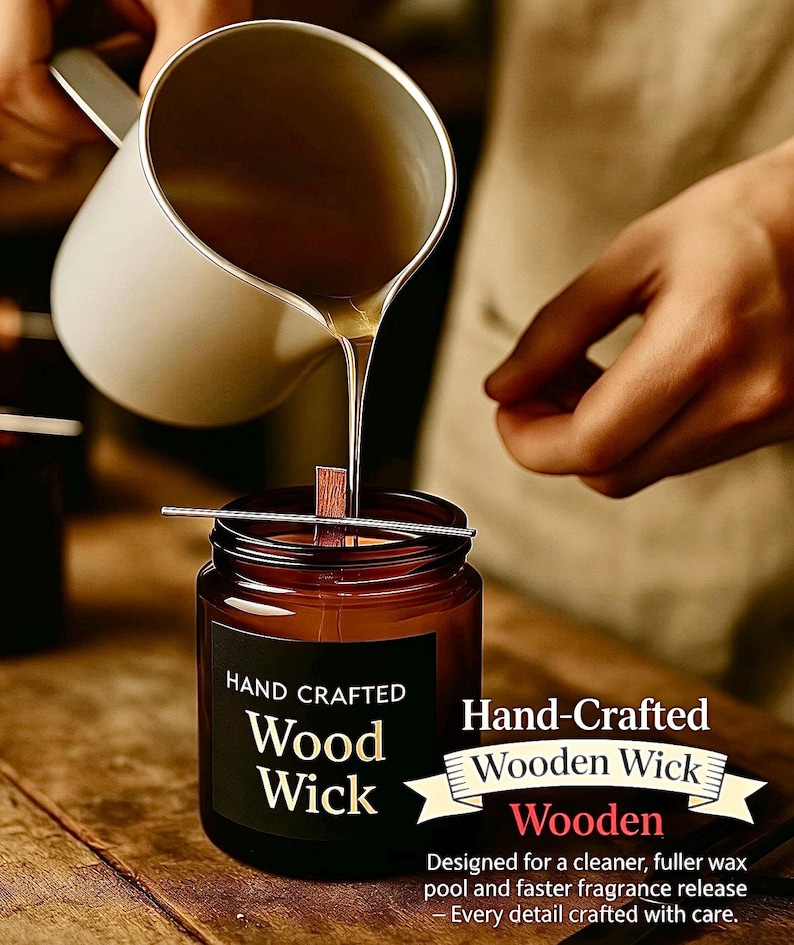 May include: A candle-making process is shown, with a brown glass jar candle featuring a wooden wick. The jar has a black label with the words "Hand Crafted Wood Wick." A person is pouring liquid wax into the jar from a white pitcher.