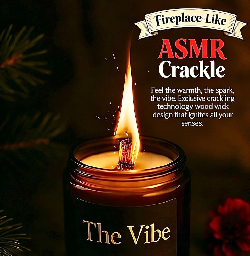 May include: A lit candle in a dark glass jar with the text "The Vibe" in gold lettering. The candle has a wooden wick and the flame is tall and bright. The text "Fireplace-Like ASMR Crackle" is at the top.