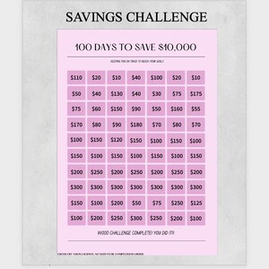 May include: A pink and white printable savings challenge chart with the text "100 Days to Save £10,000" and a grid of pound sterling amounts to track savings progress.