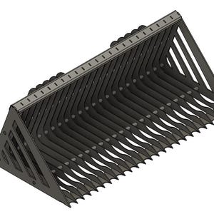 May include: A black metal rake attachment for a tractor. The rake has a triangular shape with a series of tines that are angled forward.