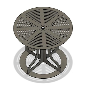 May include: A round, gray metal outdoor table with a decorative, slotted tabletop design. The table has a central support and a circular base. The table's diameter is approximately 30 inches.