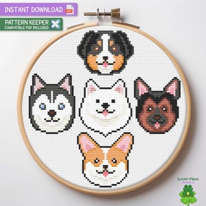 Kreuzstichmuster Hund, Kreuzstichmuster, Tiere, Corgis, Husky, Samojede, einfach niedlich, moderne Kreuzstichvorlage, digitaler PDF-Download