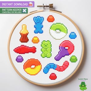 Gummy Candies Cross Stitch Pattern, Gummies xstitch, Cute Modern Candy Cross Stitch Chart, Digital Instant PDF Download