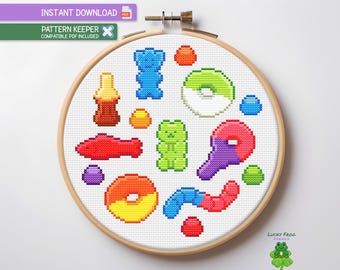 Gummy Candy-kruissteekpatroon, schattige Gummies moderne Candy Xstitch-kaart, digitale Instant PDF-download