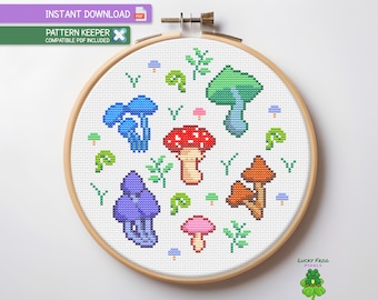 Pilze Kreuzstichmuster, Waldpilz niedliches modernes Xstitch Chart, digitaler PDF Download