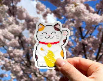 Lucky Cat Pixel Art Sticker, Kawaii Japanese Animal Stickers, Laptop, Water Bottle, Vinyl & Waterproof