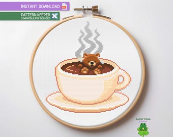 Coffee Cup Bear Cross Stitch Pattern, Kawaii Fun Animals, Cute Modern Bears Xstitch Chart, Digital Instant PDF Download