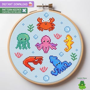 Sea Animals Cross Stitch Pattern, Ocean Creatures xstitch, Octopus, Crab, Jellyfish, Cute Modern Cross Stitch Chart, Digital PDF Download