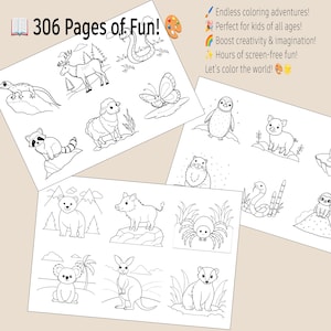 May include: A set of 306 coloring pages featuring various animals, including a raccoon, a sheep, a penguin, a pig, a bear, a boar, a spider, a snake, a koala, a kangaroo, and a badger. The pages are designed for kids of all ages and offer hours of screen-free fun.