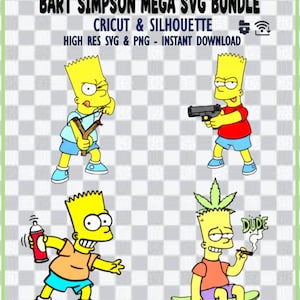 May include: A digital download graphic bundle featuring Bart Simpson in various poses. Bart is depicted with a slingshot, a gun, a spray can, and smoking a cigarette while on a skateboard. The text "BART SIMPSON MEGA SVG BUNDLE" is at the top.