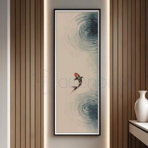 May include: Vertical art print featuring a koi fish in a water scene with blue and beige tones. The artwork is framed in a black border and is displayed vertically. The print has a minimalist style and is suitable for hallways.