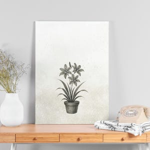 Könnte beinhalten: Ein floraler Kunstdruck in Graustufen mit einer Topfpflanze mit drei großen Blüten. Das Kunstwerk wird auf einer weißen Leinwand mit gesprenkeltem Hintergrund gezeigt. Der Druck steht auf einem Holztisch mit einer weißen Vase und einem Vintage-Telefon.